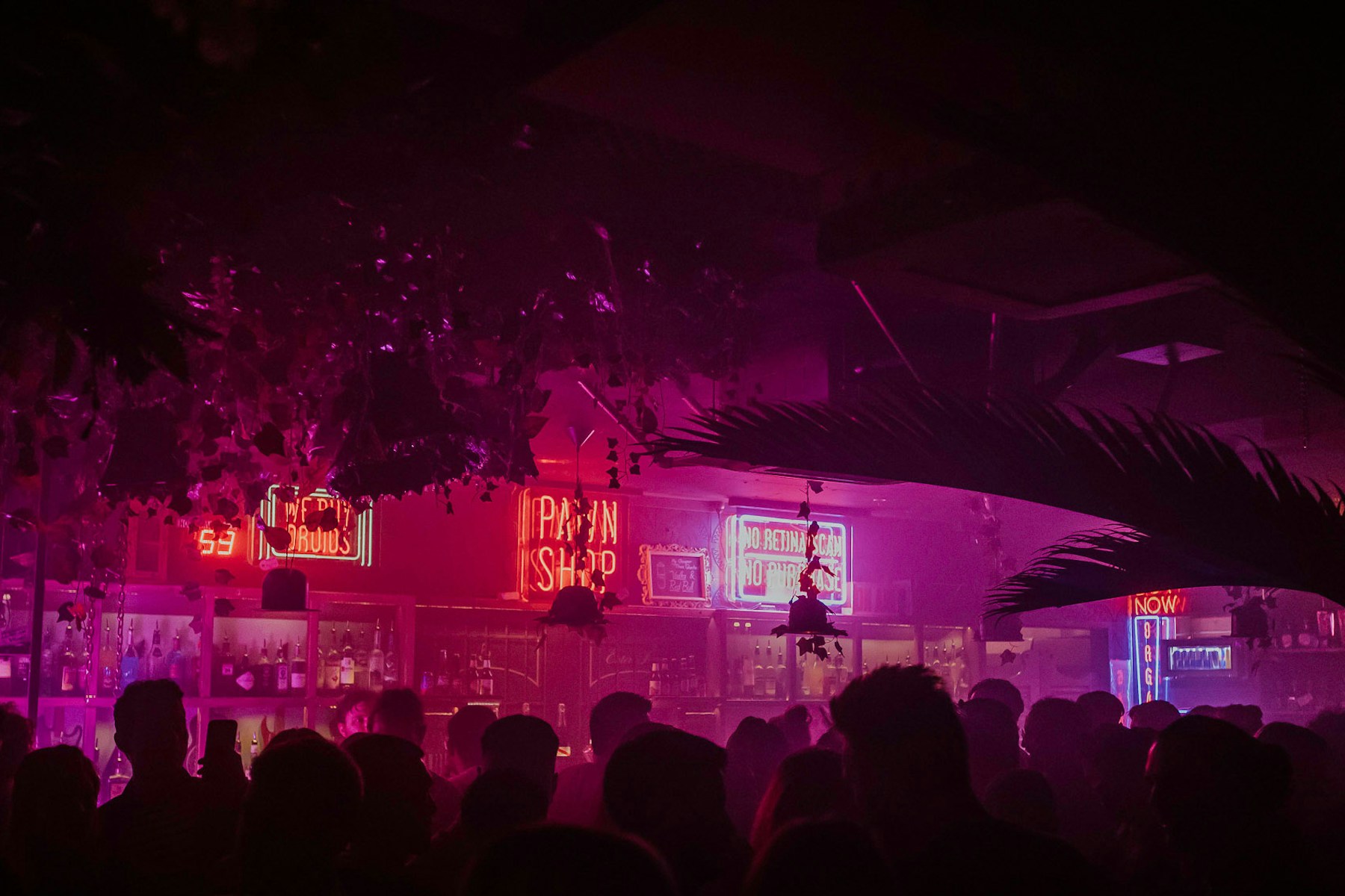 A packed crowd inside Pawn and Co beneath vivid magenta lighting